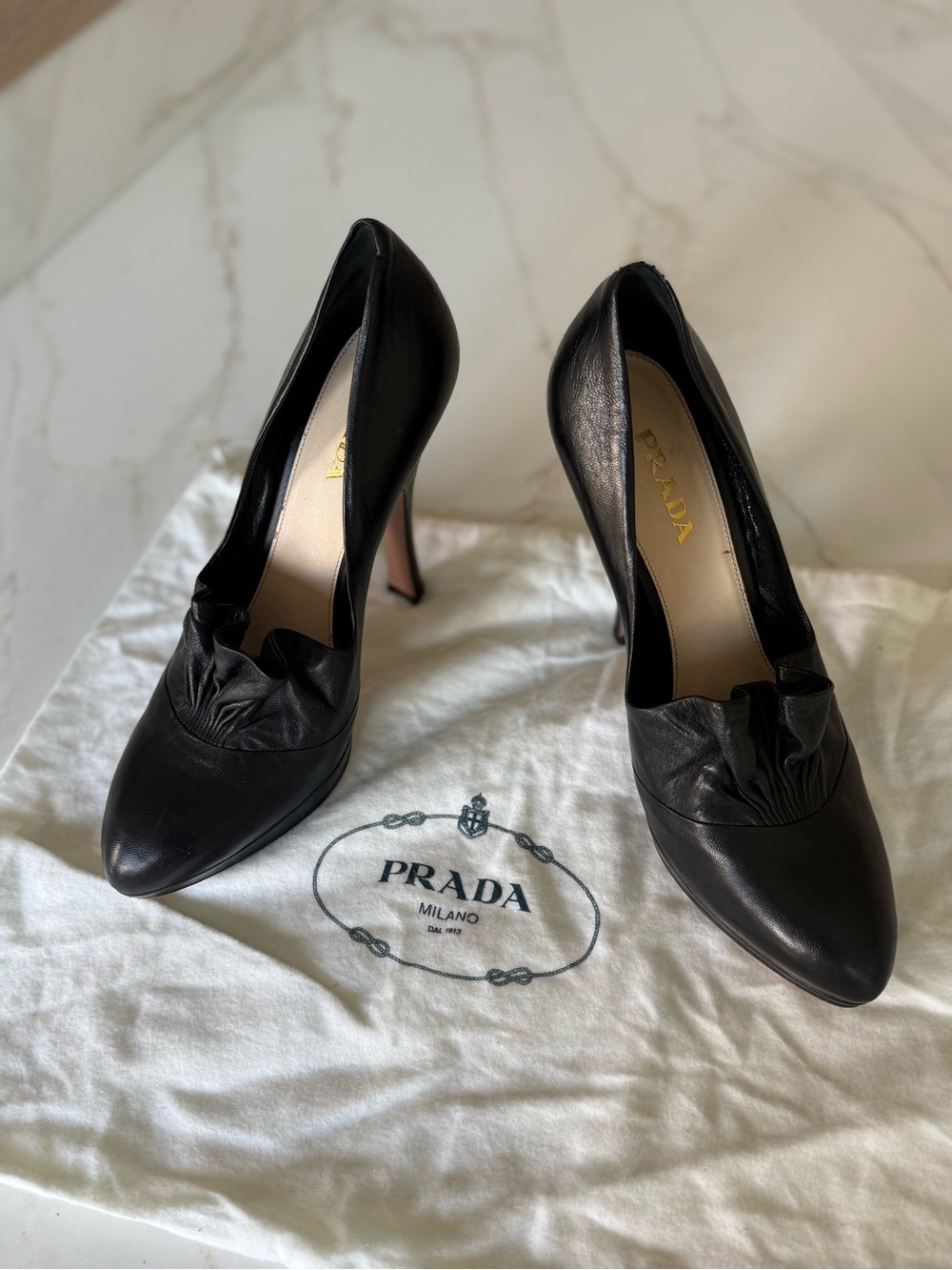 Prada Black Leather Ruched Pointed Pumps
